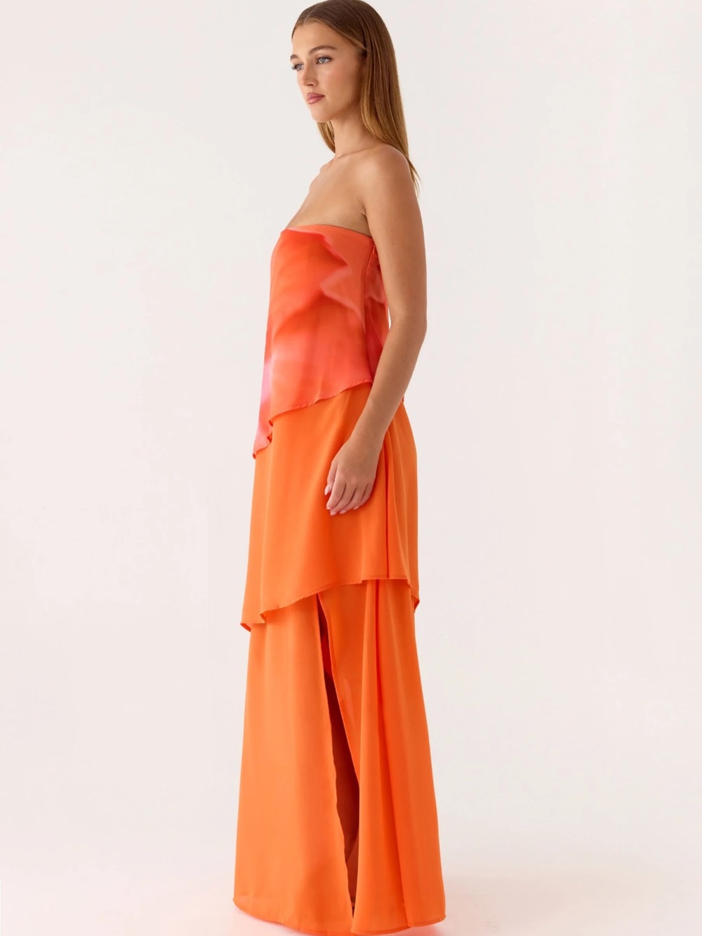 Strapless Orange Layered Evening Dress - Picture 2 of 5
